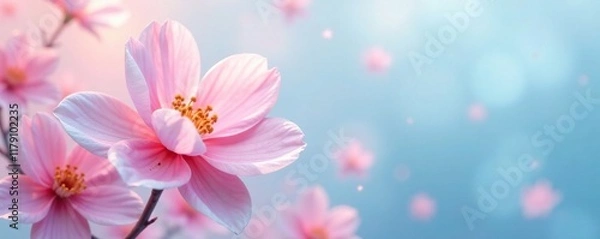 Fototapeta Pastel colors blend in a dreamy, abstract blossom shape, blossom, soft, light blue