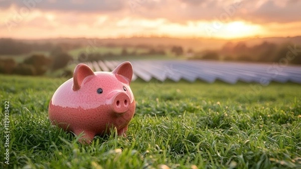 Fototapeta Piggy Bank on Solar Panels at Sunset: Financial Savings and Renewable Energy in Harmony