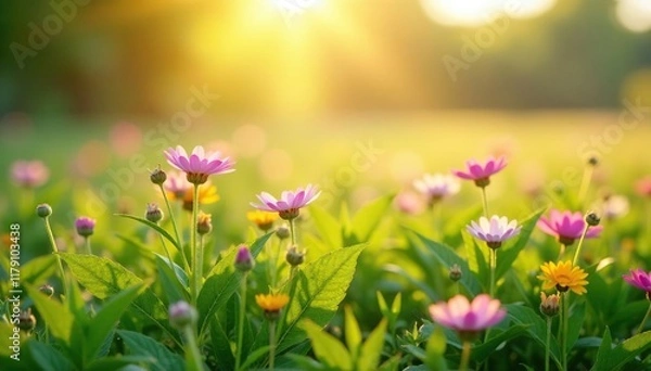 Fototapeta Wildflowers swaying in the gentle morning dew, morning dew, wildflower field, field