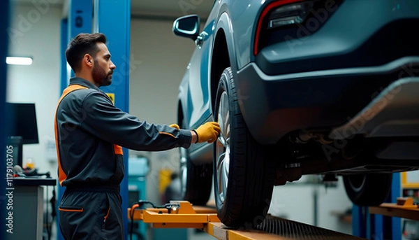 Obraz Mecánico ajustando la rueda de un SUV en taller automotriz