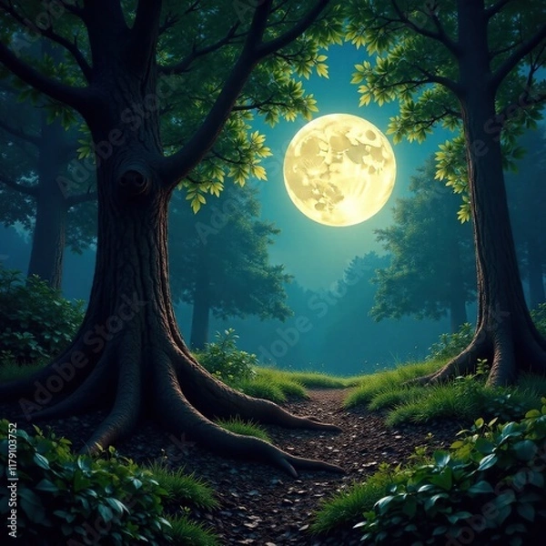 Fototapeta Forest floor illuminated by a bright full moon, tree roots, leafy forest