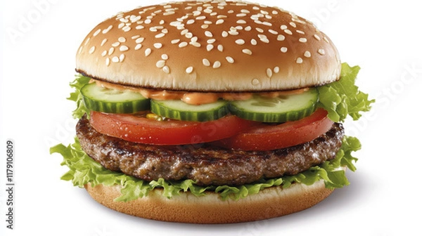 Fototapeta Fast food hamburger cartoon character with grilled patty, fresh tomato and cucumber slices, lettuce leaves for takeaway or cafe menu design