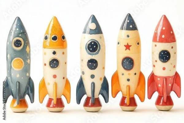 Fototapeta A collection of colorful rocket-shaped figurines with playful designs.