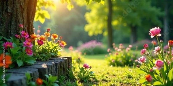 Obraz Holzbank in Gartenhintergrund mit Sonnenschein, gartenhintergrund, blumen, stilvoll