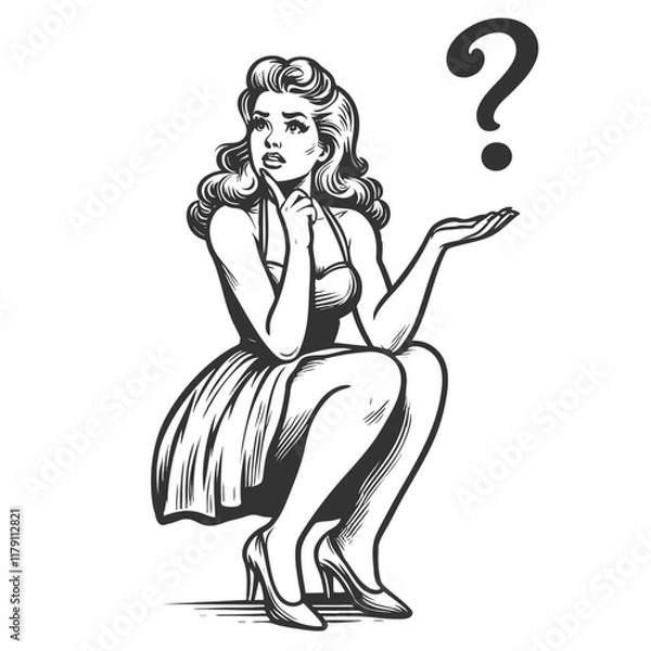 Fototapeta woman with dilemma confusion or uncertainty, question mark above her head sketch engraving generative ai fictional character vector illustration. Scratch board imitation. Black and white image.