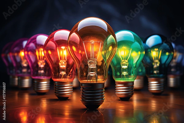 Fototapeta Superb group of light bulbs with one lit up