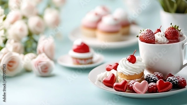Fototapeta Elegant Valentine s Day tea party setting with an assortment of heart shaped desserts pastel colored cakes and other sweet treats  Romantic and festive display of baked confections
