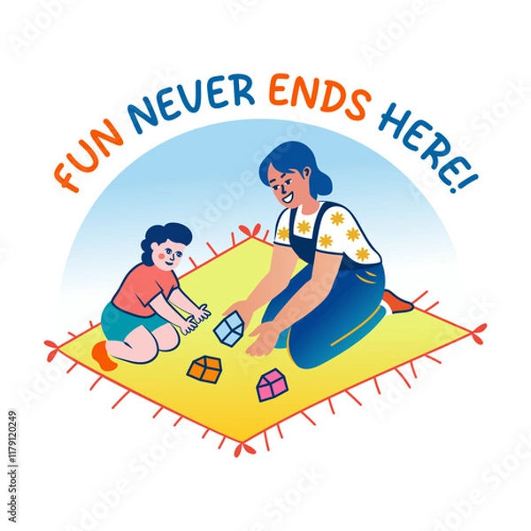 Fototapeta A flat sticker of mother and child doing fun activity together

