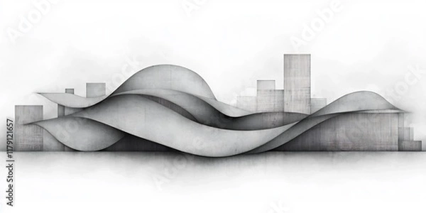 Fototapeta A tranquil grayscale study of a modern abstract expressionist cityscape featuring flowing organic shapes and ethereal interlocking lines in a panoramic digital with a Modernist aesthetic