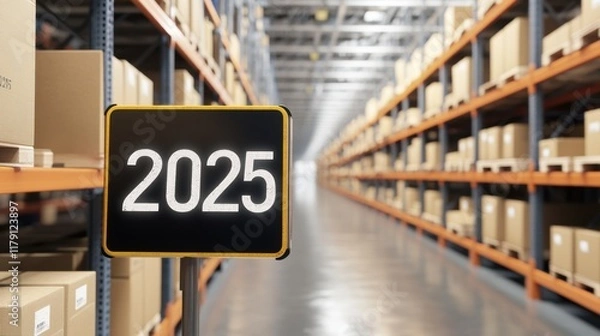 Fototapeta Warehouse with Shelves and Sign Displaying Year 2025