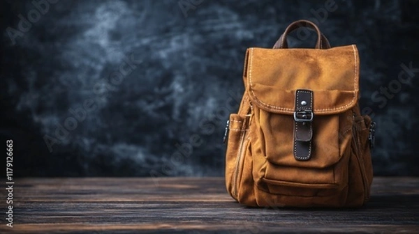 Fototapeta Vintage Brown Backpack on Rustic Wooden Table