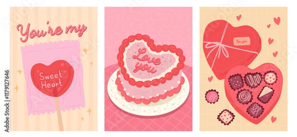 Obraz Collection of Love Season Valentines poster portrait of heart cake, chocolate and candy lollipop vector illustration