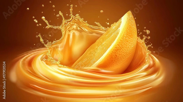 Fototapeta Orange fruit slice with juice splash. Fresh citrus fruit juice realistic vector swirl or splash, healthy vitamin drink whirl droplets. Isolated summer beverage, orange fruit juice whirl flying ripples