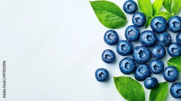 Fototapeta A photostock of ripe blueberries scattered loosely across a bright white surface, perfect for fresh fruit and healthy food concepts. High Quality
