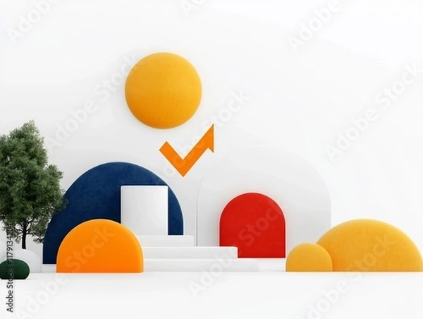 Fototapeta Minimalist and modern digital depicting a prominent upward pointing arrow within a simple geometric composition symbolizing financial growth economic stability and positive market trends