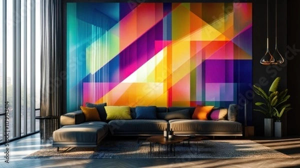 Fototapeta A vibrant vertical 3D mural featuring layered geometric patterns with glowing edges, perfect for a bold look