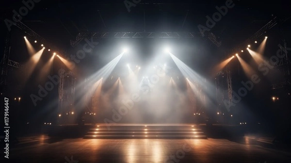 Obraz Dramatic Lighting Setup on a Concert Stage with Atmospheric Effects Creating an Engaging Visual Experience for Performers and Audience