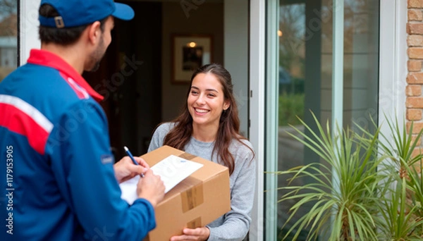 Obraz Happy Customer Receiving a Package from Delivery Person at Home