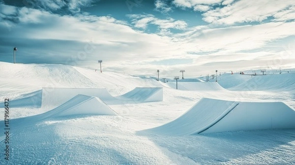 Obraz Winter Landscape with Snowy Terrain and Ski Slopes Under Clouds