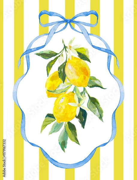 Obraz Beautiful composition with bows and lemons. Composition with vintage bows and handmade ribbons. Blue ribbon on a yellow striped background.