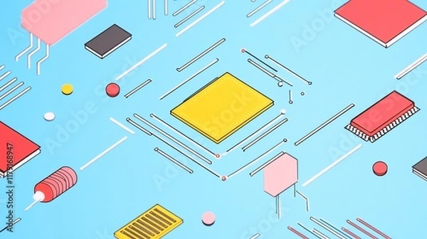Fototapeta Vibrant Isometric Illustration: Tech Components Interconnect Dynamically. AI Generated