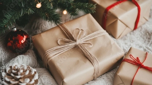 Fototapeta Beautifully wrapped Christmas gifts under a decorated tree, festive and joyful holiday atmosphere, cozy and warm