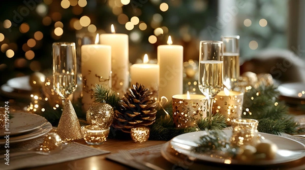 Fototapeta Festive Table Setting Glows with Candles, Pine Cones, and Golden Ornaments for a Holiday Celebration