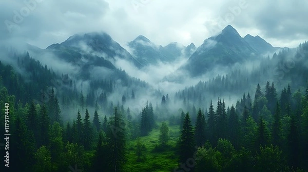 Fototapeta Serene nature with misty forest and mountains high resolution hd picture