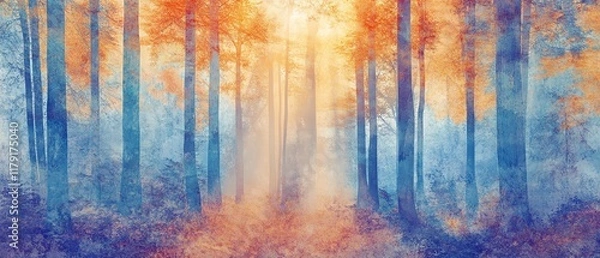 Fototapeta Serene autumnal forest path bathed in soft, ethereal light. Dreamy watercolor painting of nature's tranquility.