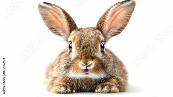 Fototapeta Adorable Brown Rabbit Poses with Alert Ears and Curious Gaze on a White Background