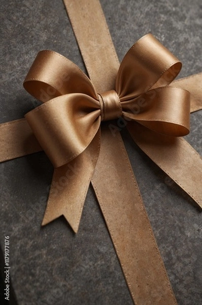 Fototapeta Elegant gift box with golden ribbon bow on textured gray background, decorative wrapping, copy space