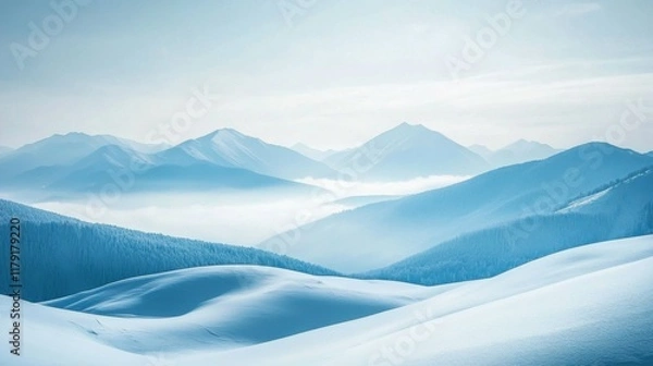 Obraz Soft-focused winter landscape, snow-covered mountains, cold and serene, tranquil and vast scene, soft hues of blue and white, peaceful winter scenery, natural beauty