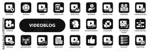 Obraz Set of vector solid icons related to video blogging, video content making and editing, advertisement. Symbols for website or app ui, logo design, illustration