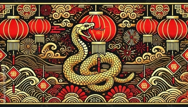 Fototapeta Elegant golden snake illustration for Chinese New Year. Generated with AI.