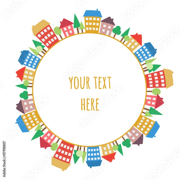 Fototapeta Colored houses doodles on circle, seamless pattern