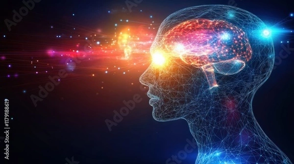 Fototapeta A futuristic wireframe of a human head glowing with neural network visuals and vibrant tech effects