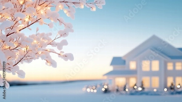 Fototapeta Serene Winter Scene with Snow Covered Branches and Cozy Home in the Background at Dusk