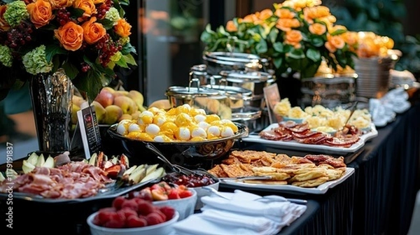 Fototapeta Buffet table featuring hearty breakfast items, like scrambled eggs, pancakes, bacon, and fresh fruit