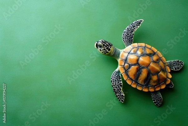Fototapeta toy turtle realistic on green background. banner. copy space. place for text. world turtle day. environment protection 