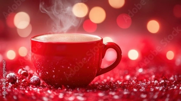 Obraz Close-up of a steaming red coffee cup, rich aroma, cozy atmosphere, vibrant bokeh background