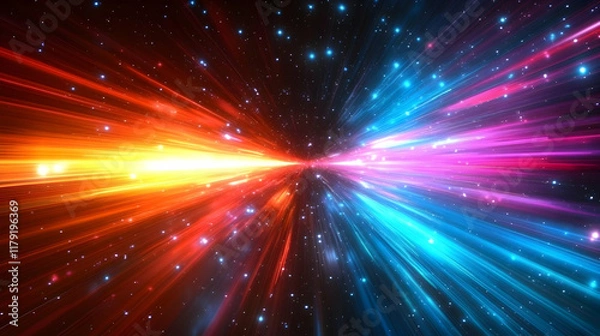 Fototapeta Abstract Background Bursts with Vibrant Colors and Dynamic Light Rays Across Space with Stars Beautifully