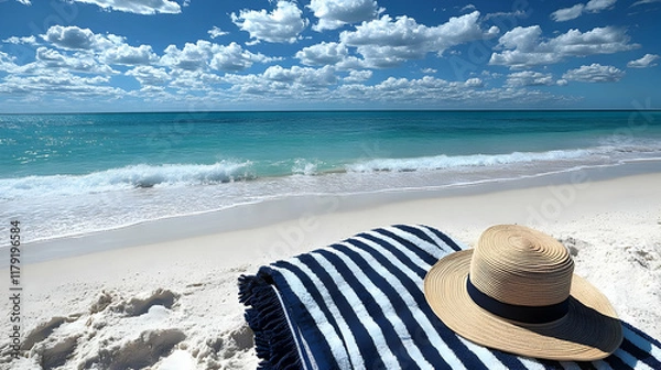 Obraz Striped Beach Towel and Straw Hat Rest on White Sand Beach Overlooking Ocean Waves