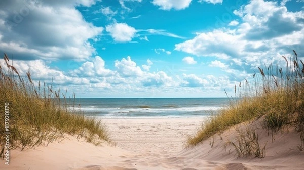 Fototapeta Serene Beach Path Through Dunes Under a Blue Sky.