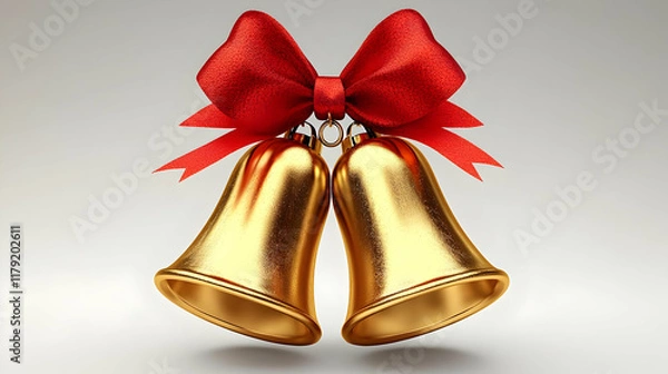 Fototapeta Two Golden Bells Tied with a Red Bow on a Soft Gray Background