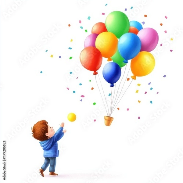 Fototapeta A joyful child reaches for colorful balloons floating above, surrounded by confetti, capturing a moment of wonder and celebration.