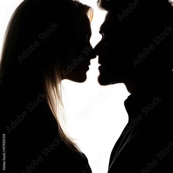 Fototapeta A romantic silhouette of a couple leaning in for a kiss, creating an intimate and emotional atmosphere.