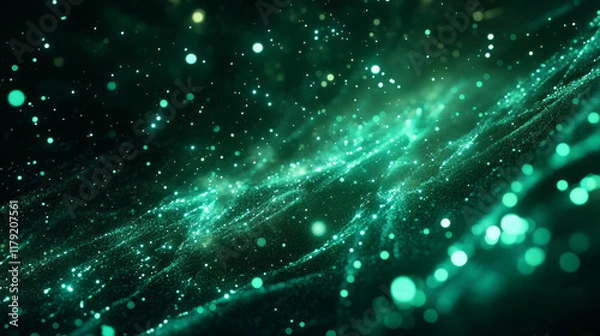 Fototapeta Green laser beams background, neon light rays and glow lines on black, vector light flash effect. Green laser beams and light rays, digital energy sparkles and galaxy shine on transparent background