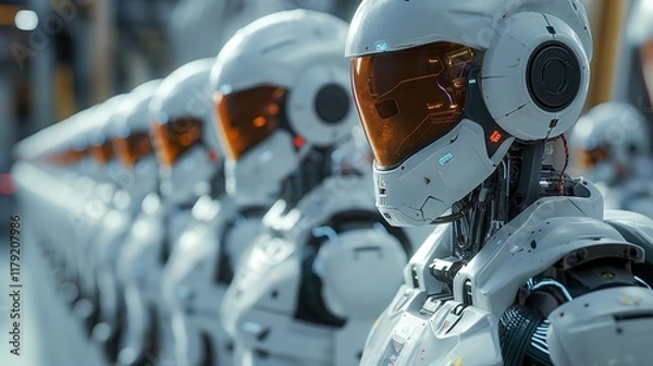 Fototapeta The future of work: a robot team seamlessly performing office duties and increasing team productivity.