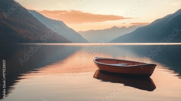 Fototapeta Serene sunset over calm lake with small rowboat. (3)