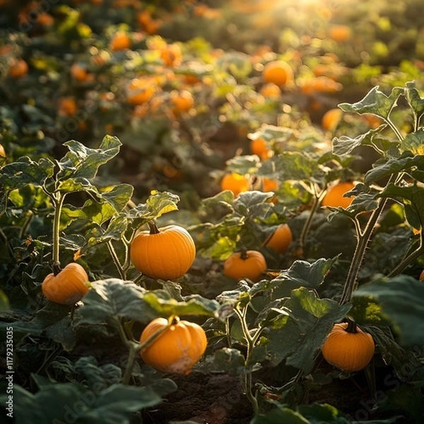 Obraz A close-up of a pumpkin patch with warm sunlight highlighting vibrant orange tones.